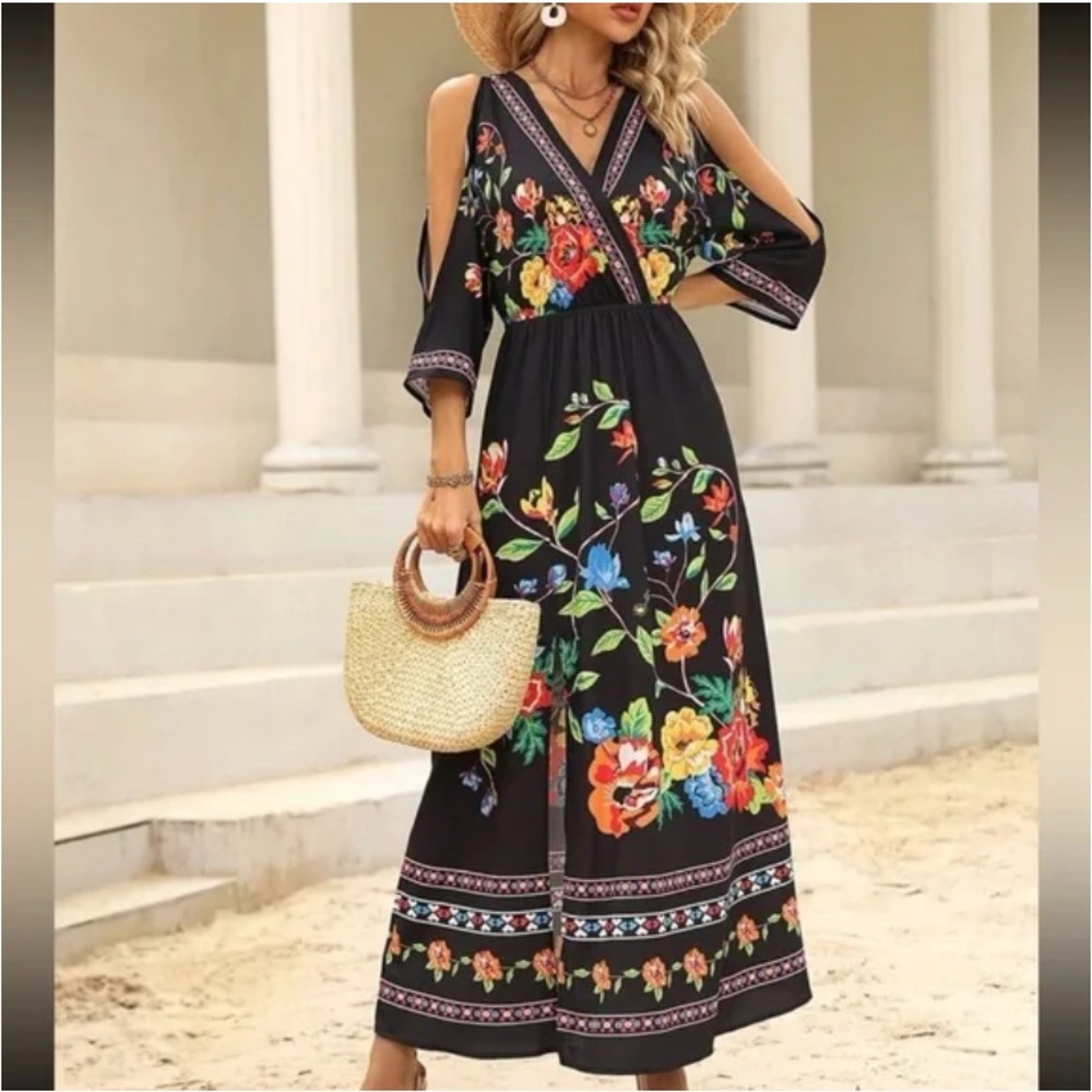 Boho  Floral Print Cut Out Slit Maxi Dress Black